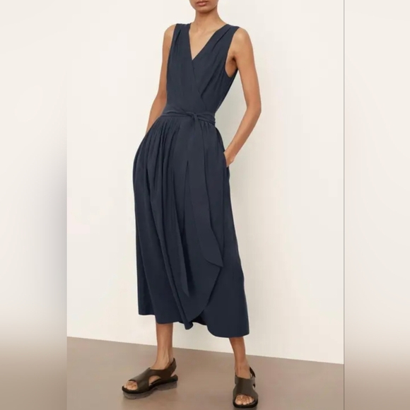Vince Dresses & Skirts - Vince Wrap Dress Navy Blue Sleeveless Pleated V- Neck Midi Size XXS NEW $425